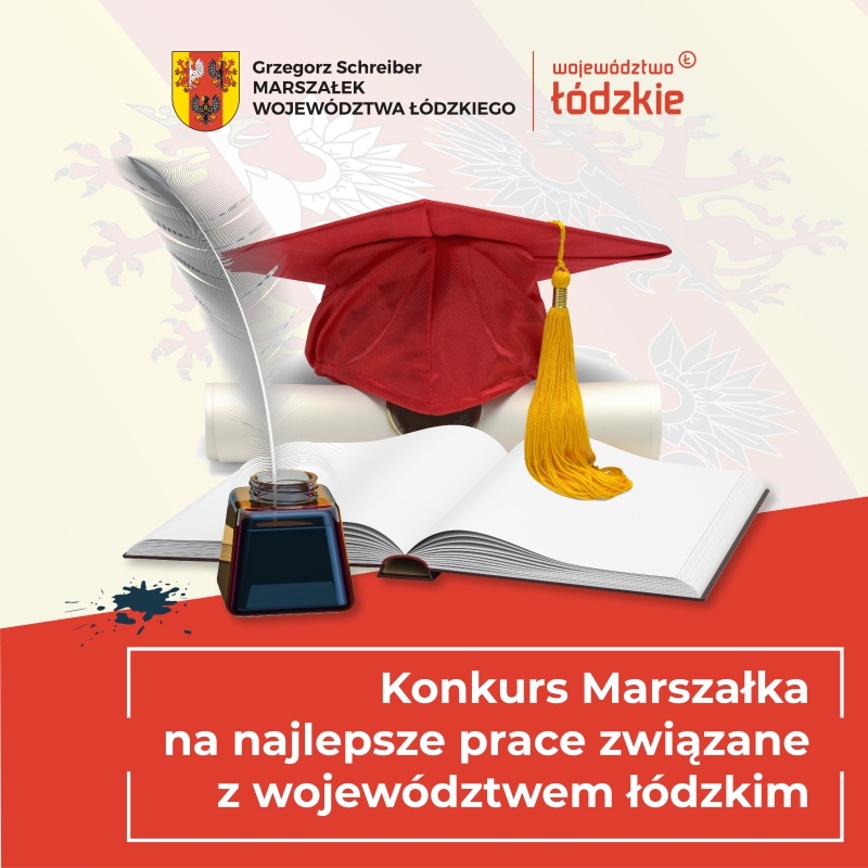 plakat informacyjny o konkursie z widocznym godłem województwa łódzkiego